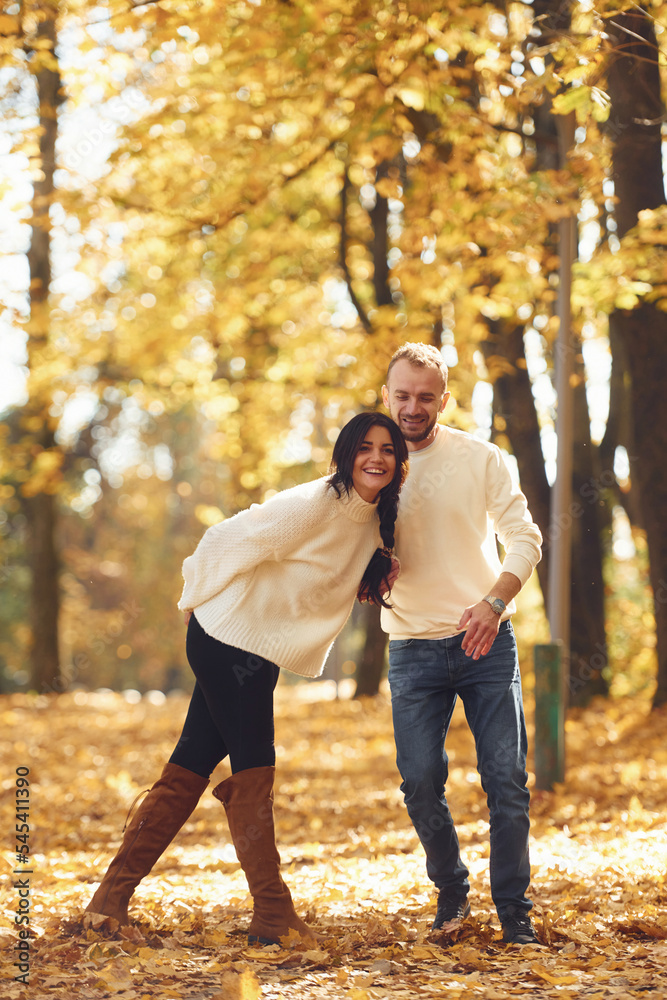 Beautiful couple standing in the autumn park at daytime Beautiful couple standing in the autumn park at daytime
