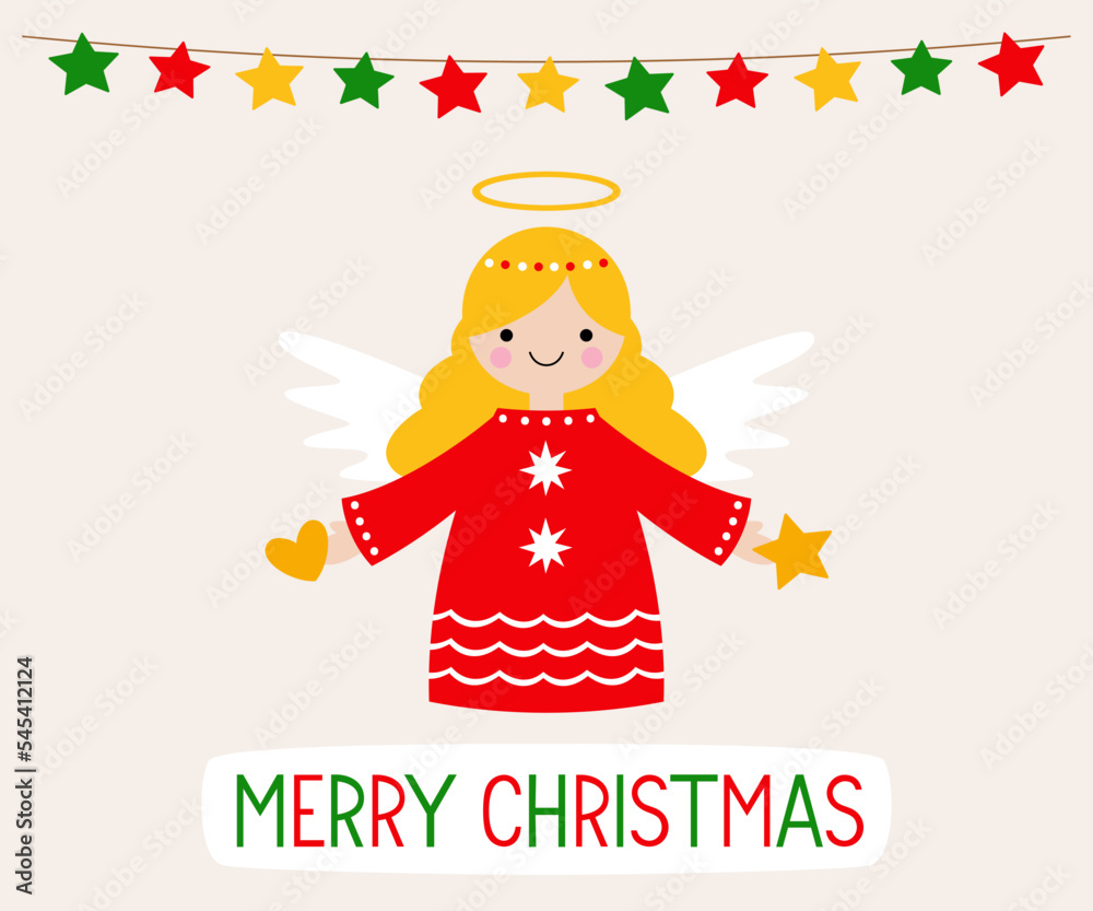 Obraz premium Christmas vector greeting card with an angel