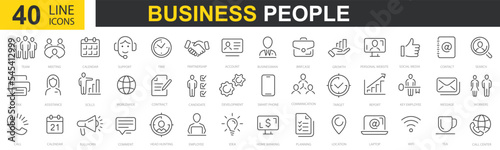 Set of 40 Business people web icons in line style. Office and workplace, human resources, office management. Outline icons collection. Teamwork, workplace, work, business. Vector illustration