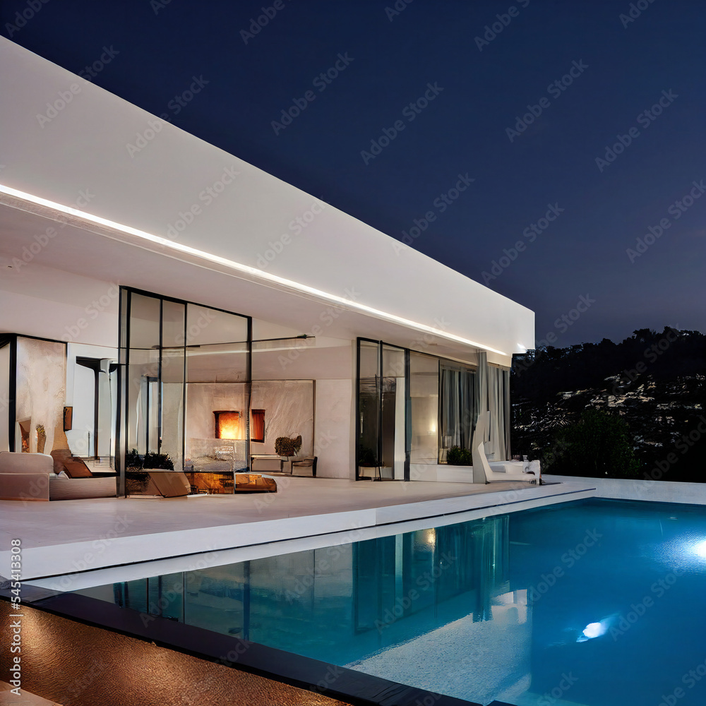 Contemporary Home with Pool and Mountain View at Night-Made with AI