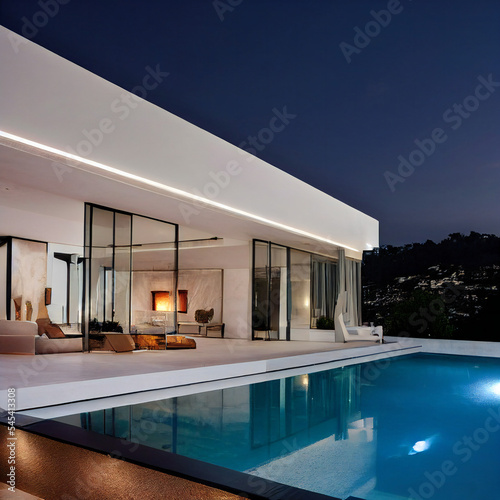 Contemporary Home with Pool and Mountain View at Night-Made with AI © Cheryl Johnson 90042