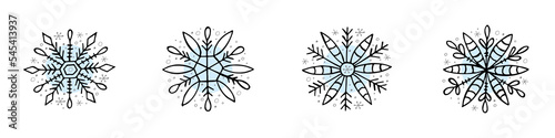 A set of hand-drawn snowflakes. Vector illustration in doodle style. Winter mood. Hello 2023. Merry Christmas and Happy New Year. Black and light blue elements on a white background.