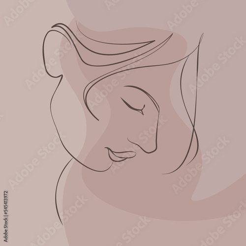 One continuous line hand drawn vector art with beautiful woman face in elegant curve. Skin color palette  abstract forms. Modern simplistic design for fashion  wall art  print  tattoo  cover  card.