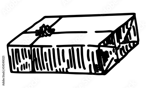 Doodle of square gift box. Holiday attribute sketch. Hand drawn vector illustration. Single outline clipart isolated on white.