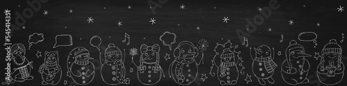 Set of cute snowmen on a black chalk board. Vector illustration in doodle style. Winter mood. Hello 2023. Merry Christmas and Happy New Year.