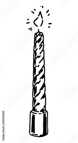 Twisted candle with burning flame light. Doodle of cozy spiral wax stick with burning wick. Hand drawn vector illustration. Single outline clip art isolated on white.