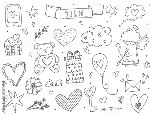 Big set of cute hand-drawn doodle elements about love. Message stickers for apps. Icons for Valentines Day, romantic events and wedding.