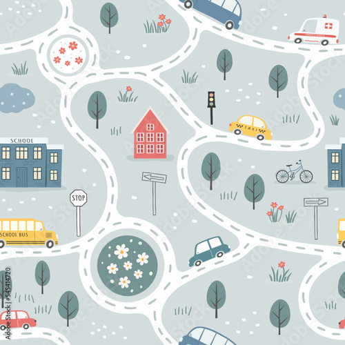 Children's City map with roads and transport. Kid carpet with cute cars, roads, trees and houses. Vector seamless pattern.