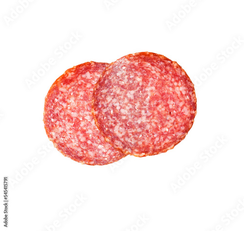 Sliced salami isolated on white background with transparent PNG. Sausage top view.