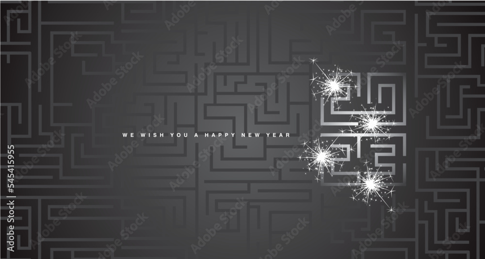 2023 Happy New Year white black cyberspace high tech typography greek mystic meander ornament labyrinth with sparkler firework abstract pattern black background