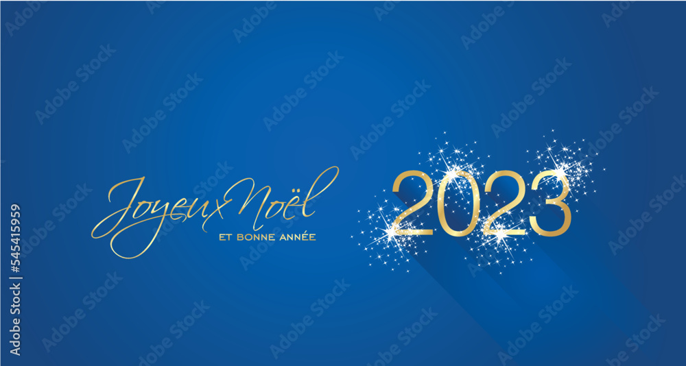 Merry Christmas beautiful calligraphy Happy New Year 2023 French language new shape shining firework gold white blue greeting card