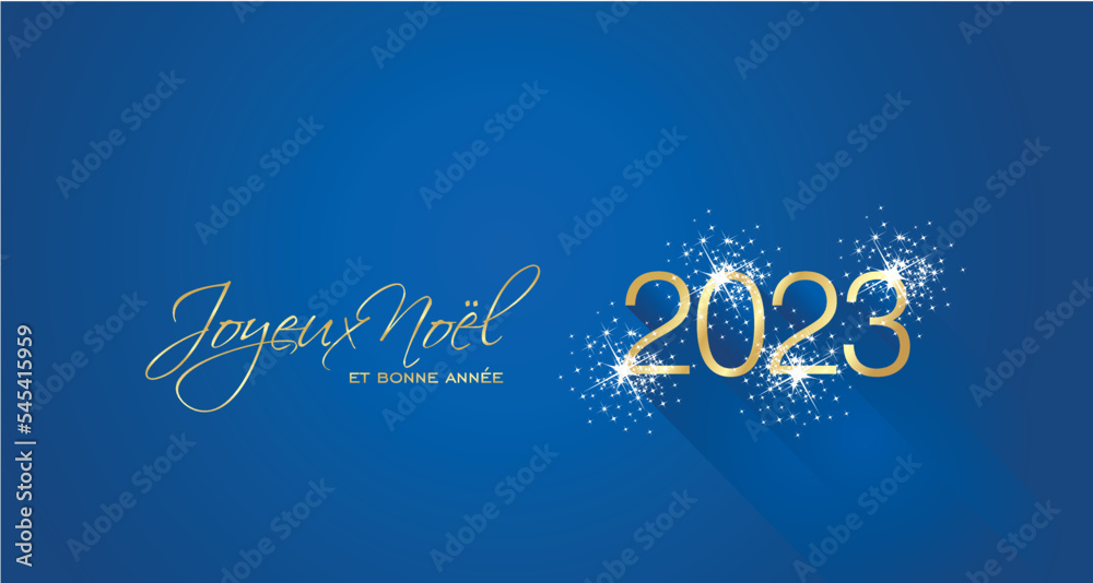 Merry Christmas beautiful calligraphy Happy New Year 2023 French language new shape shining firework gold white blue greeting card Merry Christmas beautiful calligraphy Happy New Year 2023 French language new shape shining firework gold white blue greeting card