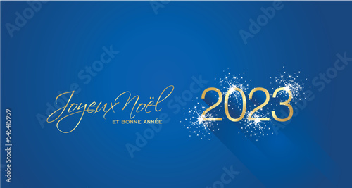 Merry Christmas beautiful calligraphy Happy New Year 2023 French language new shape shining firework gold white blue greeting card
