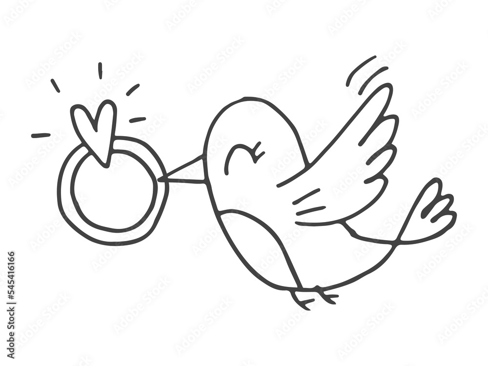 Set of cute hand-drawn doodle elements about love. Message stickers for apps. Icons for Valentines Day, romantic events and wedding. Bird in love with a diamond ring. Set of cute hand-drawn doodle elements about love. Message stickers for apps. Icons for Valentines Day, romantic events and wedding. Bird in love with a diamond ring.