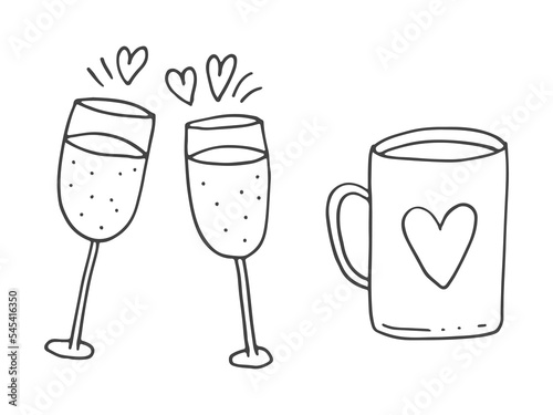 Set of cute hand-drawn doodle elements about love. Message stickers for apps. Icons for Valentines Day, romantic events and wedding. Cups with a love drink and hearts and champagne.