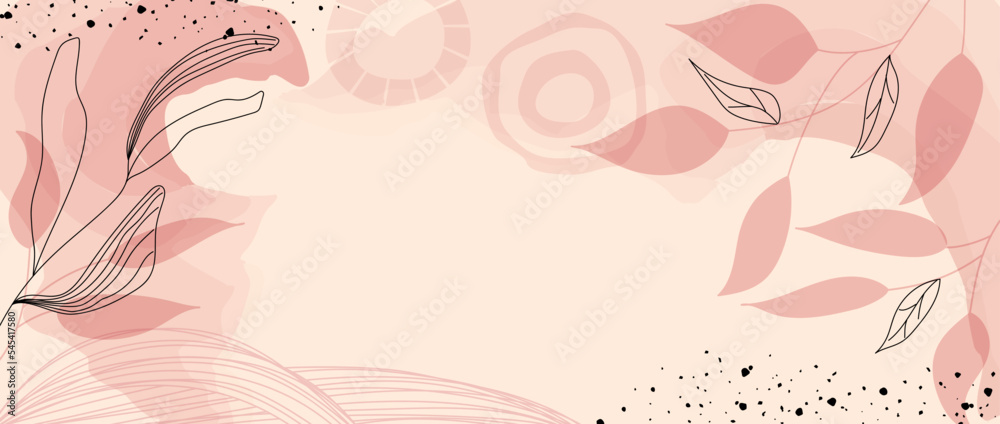 Painted background with plant elements and watercolor spots. Botanical line art. Vector design in pink tones. Creative frame with space for text for invitations, banners, web, social networks.