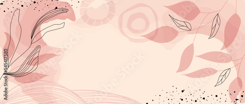 Painted background with plant elements and watercolor spots. Botanical line art. Vector design in pink tones. Creative frame with space for text for invitations, banners, web, social networks.