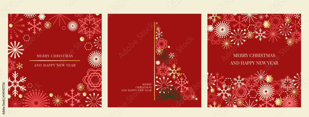 Merry Christmas and Happy New Year background.Red winter holiday with a lot of snowflake and firework vector.