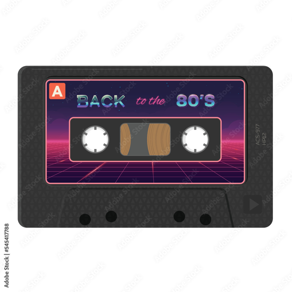 Retro style, realistic audio cassettes front view with label. Back to