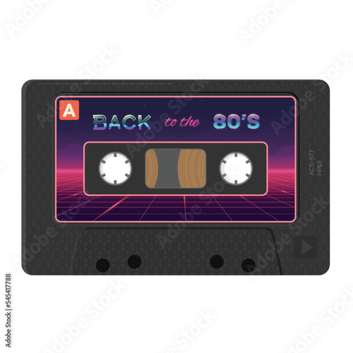 Retro style, realistic audio cassettes front view with label. Back to 80s synthwave label audio cassette. Magnetic cassette label 80s design. Vector illustration with opacity.