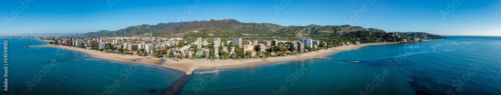Panorama and Areal Sea View of Benicàssim, a municipality and beach resort located in the province of Castelló, on the Costa del Azahar in Spain