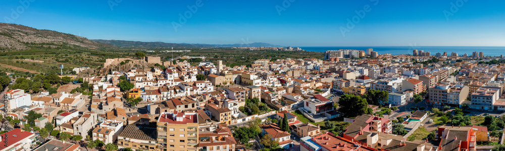 Panorama and Areal View of Oropesa del Mar, a municipality in the comarca of Plana Alta in the Valencian Community, Spain.