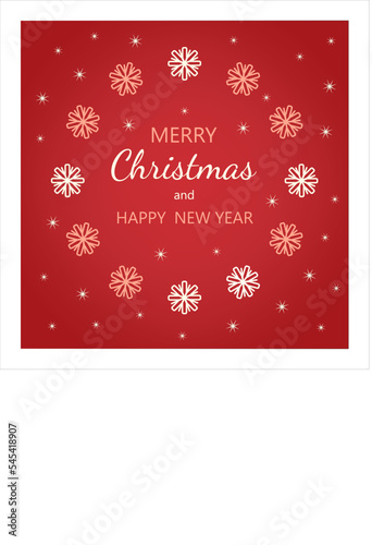 Greeting card on red background with snowflakes. Merry Christmas and Happy New Year Greeting Card.