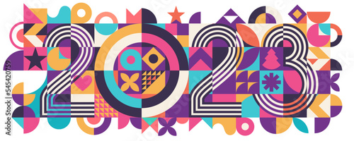 Trendy bauhaus 2023 typography. Happy New Year 2021 Business Greeting Card, illustration concept for creating background. Illustration concept for creating background, greeting card, website, mobile