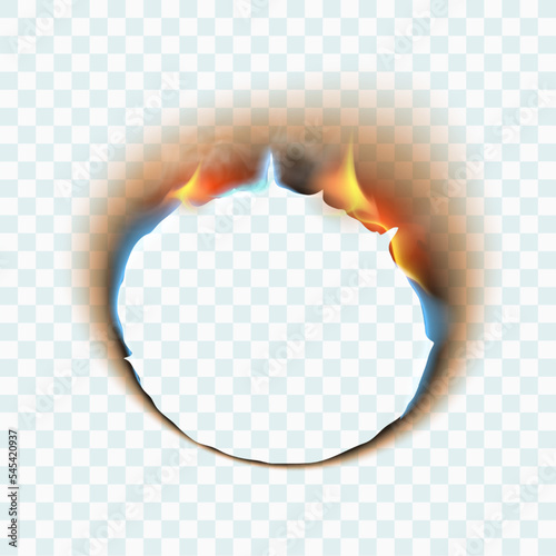 Burning torn hole in ripped paper with burnt and flame on transparent background. Vector illustration