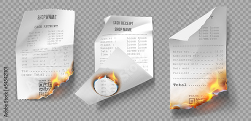 Realistic burning paper receipt, check and payment, page edges and hole with fire.