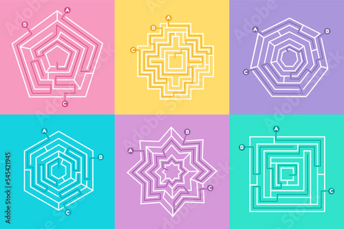Maze way game set, riddle puzzle collection. Square, circle path and polygonal shapes, mental labyrinth, exit from map, conundrum design, wrong entrance. Vector abstract tidy concept