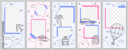 Travel story template. Doodle summer tourism. Sketch brand post layout. Vacation plane flight and car journey banner. Beach rest. Photo transparent frames. Vector blog backgrounds set
