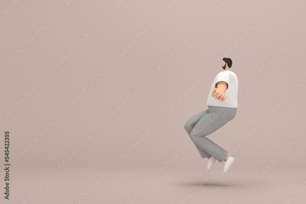 Obraz premium The man with beard wearinggray corduroy pants and white collar t-shirt. He is jumping. 3d rendering of cartoon character in acting.