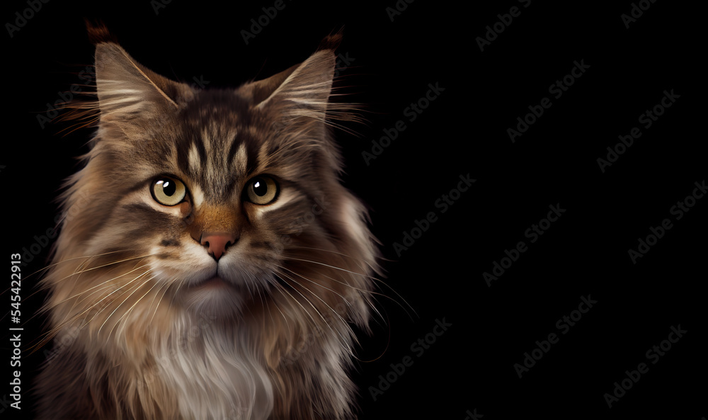 Adorable norwegian forest cat on dark background, space for text. Portrait of a norwegian forest cat. Cute cat. Digital art