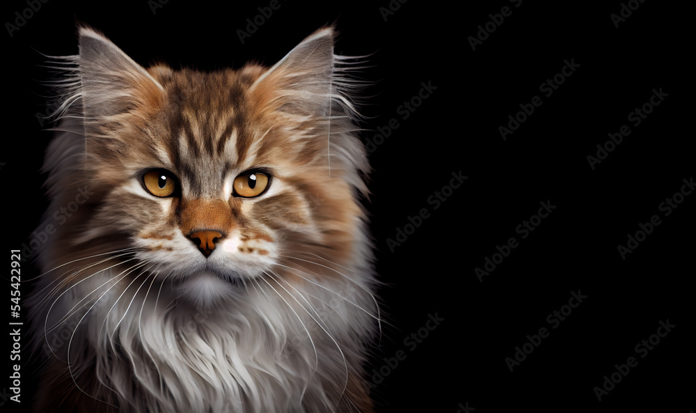 Adorable norwegian forest cat on dark background, space for text. Portrait of a norwegian forest cat. Cute cat. Digital art