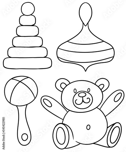 Monochrome Set of pictures with children's toys for development and games with a child cartoon