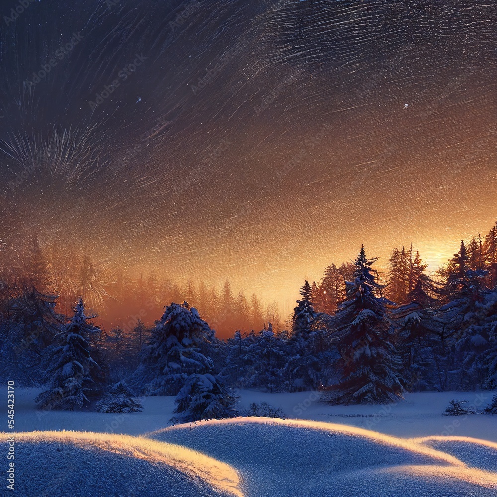 Fototapeta premium Beautiful winter with a pine forest at sunset.
