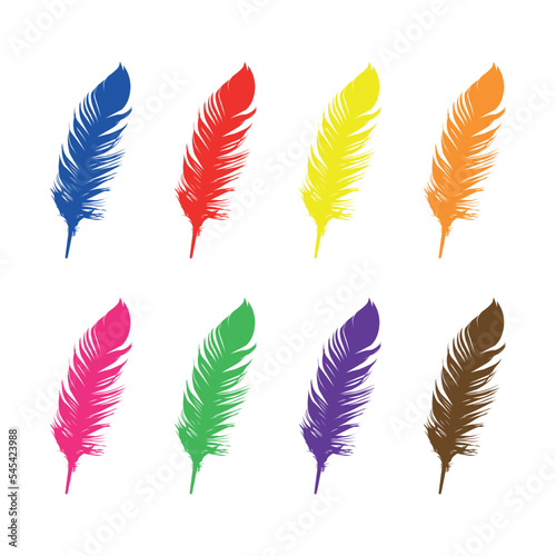 Various colored feather icons, bird feather collection vector illustration.