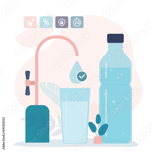 Clean tap water. Drinking water in glass and bottle. Healthy lifestyle. Pure aqua, drinkable stream.