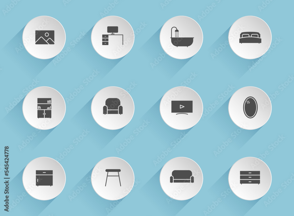 furniture vector icons on round puffy paper circles with transparent shadows on blue background. furniture stock vector icons for web, mobile and user interface design