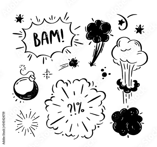 Comic explosions and bombs set. Speech bubbles with the words bom, boom, pow. Vector doodle illustration