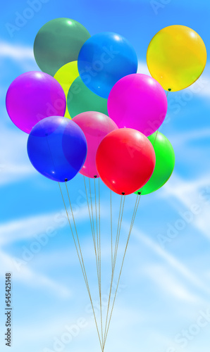 Bouquet de ballons multicolores sur fond de ciel bleu zébré 