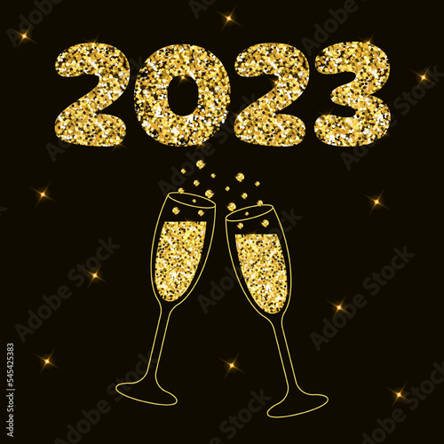 Two sparkling glasses of champagne and lettering 2023 with gold glitter. Dark background with star light.