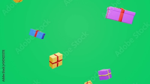 3D animated christmas gift boxes slowly falling down, 4k green screen animation