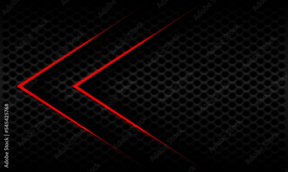 Abstract red twin metallic arrow shadow direction geometric dark grey hexagon mesh design modern futuristic background vector