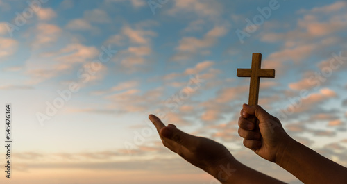 Cross is a symbol of Christianity. Human hands open palm up worship. Eucharist Therapy Bless God Helping Repent Catholic Easter Lent Mind Pray. Christian concept background.