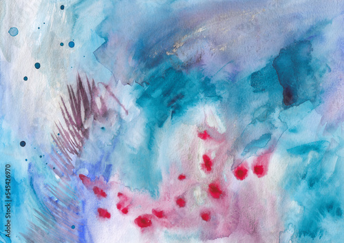 Hand drawn abstract silver-blue background with red spots. Watercolor painting.