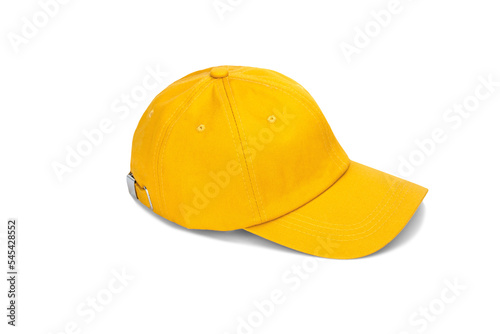 Yellow baseball cap isolated on white background with shadow. Mock up for branding.