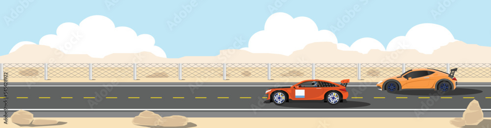 Two race car on the asphalt road. Iron fence on the side of the field. Dry land race track under the blue sky.