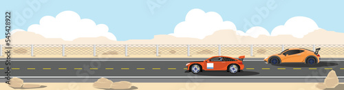 Two race car on the asphalt road. Iron fence on the side of the field. Dry land race track under the blue sky.
